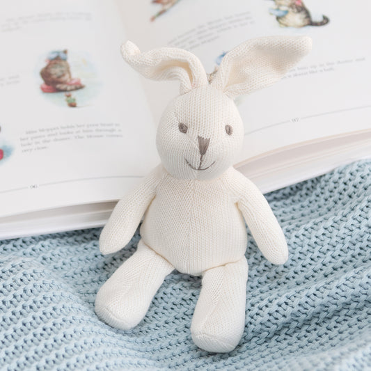 Knitted Organic Cotton White Bunny Rabbit Baby Rattle - Toy